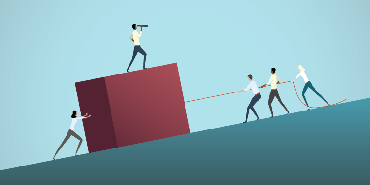 Illustration of business people working together to move block up a slope.